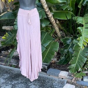 smocked waste wide leg ruffled pants